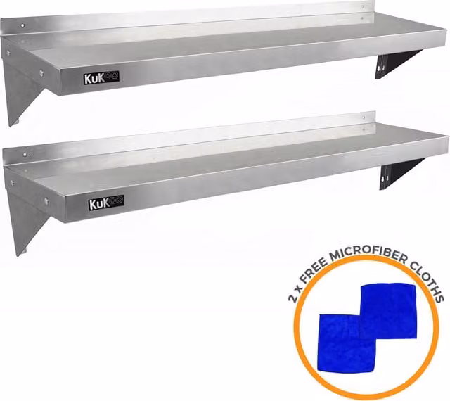 KuKoo 2 x Stainless Steel Wall Mounted Shelves, Silver, W: 140 cm, D: 30 cm, H: 3 cm
