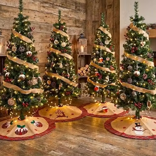 Shatchi 4 Piece Set Round Christmas Tree Skirt Decor in Brown and Beige, Diameter: 86 cm – 2