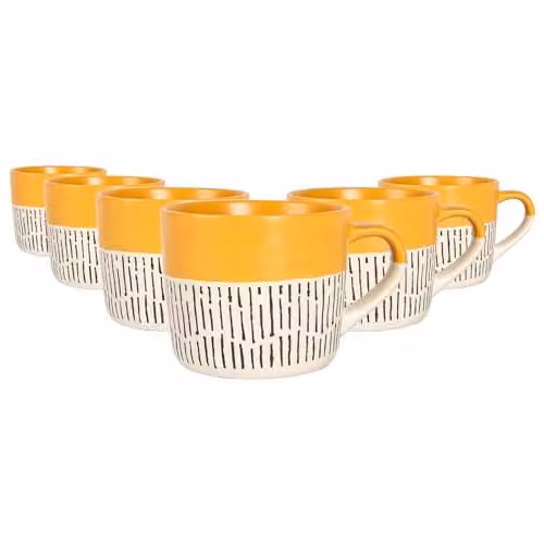 Nicola Spring Mustard Dipped Dash Stoneware Ceramic Coffee Mug Set, 6 Pieces, 475ml, Yellow – 1