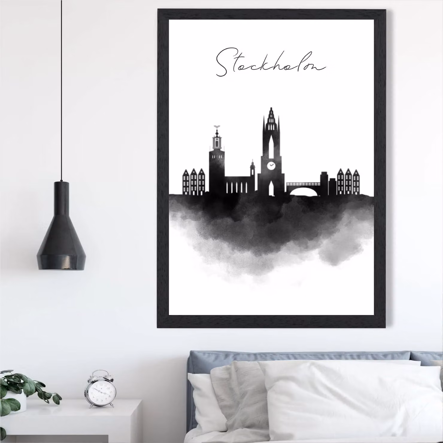 ARTZE Stockholm Watercolour Skyline City Framed Print in Black – 2