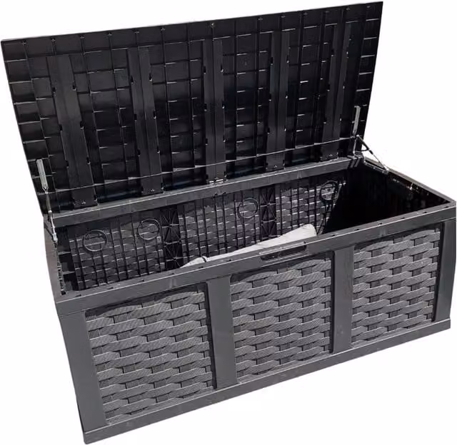 Samuel Alexander 634 Litre Rattan Effect Garden Cushion Storage Box with Sit on Lid in Black