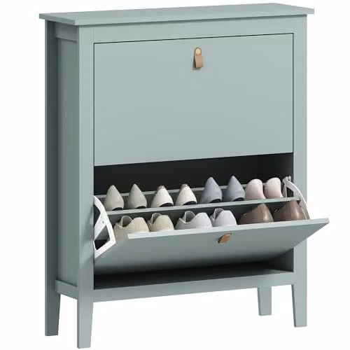 HOMCOM Green Modern Shoe Cabinet with 2 Drawers and Tilting Compartments, W/D/H: 80 x 24 x 95.5 cm