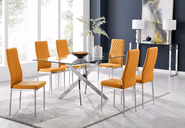 FurnitureboxUK Leonardo Glass and Chrome Metal Dining Table and 6 Milan Chairs Dining Set in Yellow