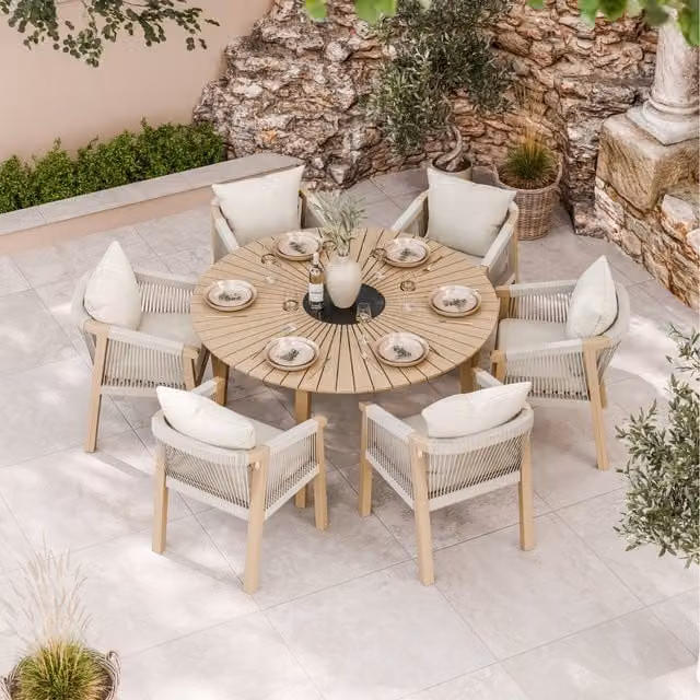 Royalcraft Roma 7 Piece Round Sunray Dining Set with 6 Roma Rope Dining Chairs in Natural Acacia Wood and Black Granite Insert