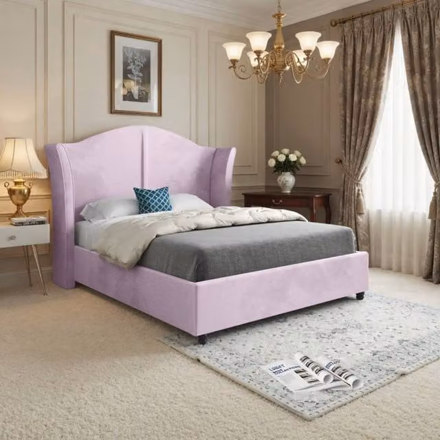KDMD Wilsden Curved Winged Upholstered Designer Bed Frame in Pink Soft Velvet, Size: Double (140 x 200 cm) – 1