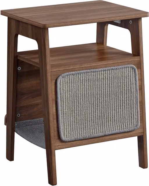 Yaheetech Pet-Friendly Sofa Side Table with Cat Bed and Scratching Board in Walnut