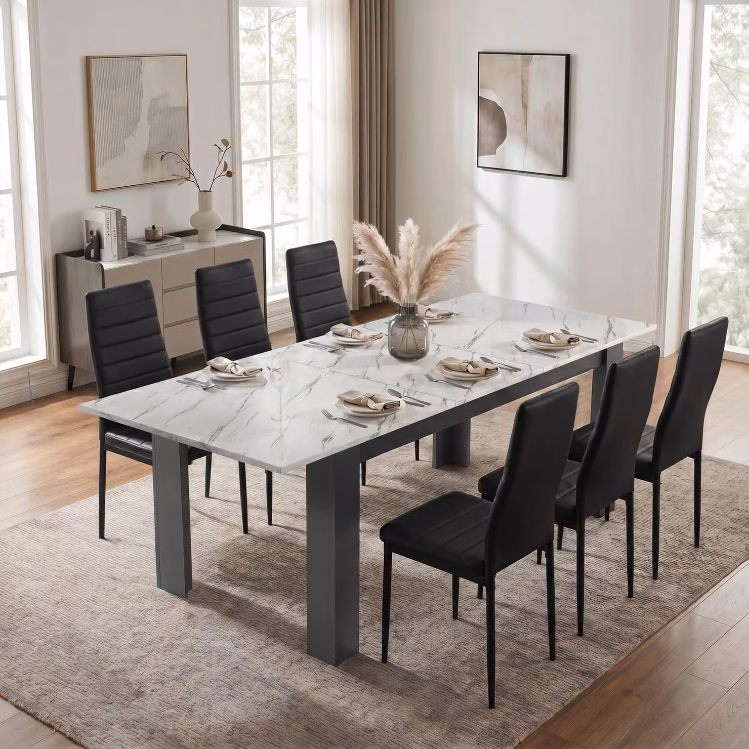 DHS Milo Extendable Dining Table Set with 6 Chairs in White Marble Effect and Black