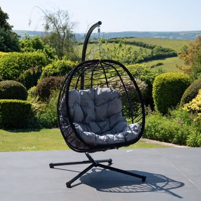 Artemis Home Hebden Modern Hanging Egg Lounge Chair with Stand and Cushions in Grey and Black