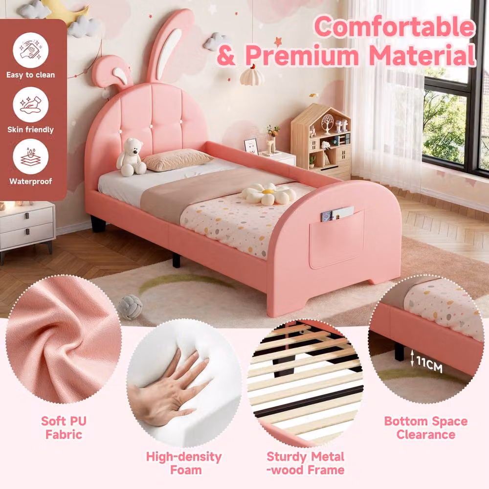 BTM Single Upholstered Bed Frame with Bunny Headboard and Side Storage Pockets in Pink, W/D/H: 90 x 190 cm – 2