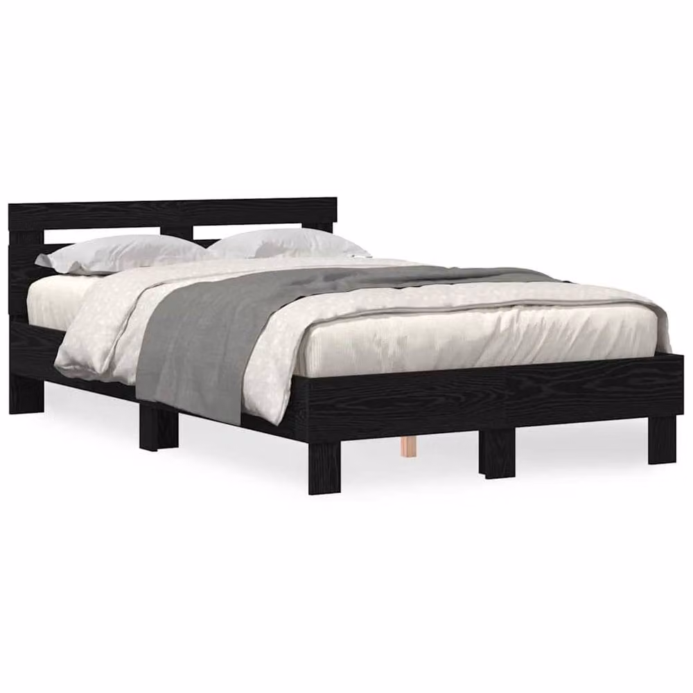 Berkfield Home Modern Slatted Bed Frame in Black Oak Engineered Wood with USB Charging Port and Under-bed Lighting – 5