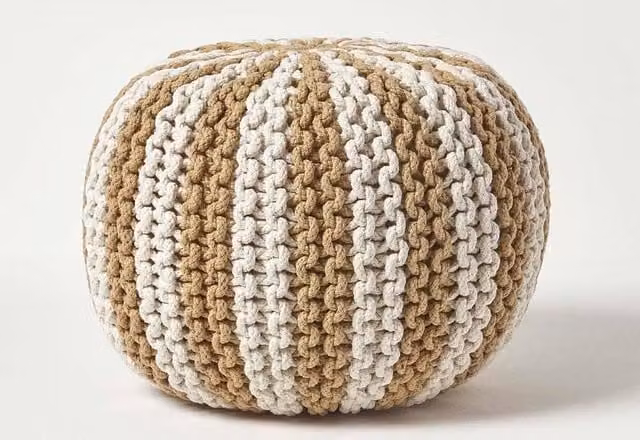 Homescapes Striped Knitted Cotton Pouffe Footstool in Beige and Sand, W/D/H: 35 x 40 x 35 cm