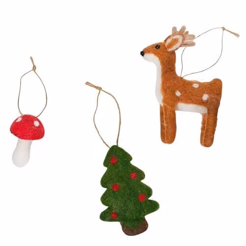 Lights4fun Winter Woodland Felt Hanging Decorations Set of 3 featuring Toadstool, Tree and Reindeer Ornaments in Red, Green, Brown and White – 3