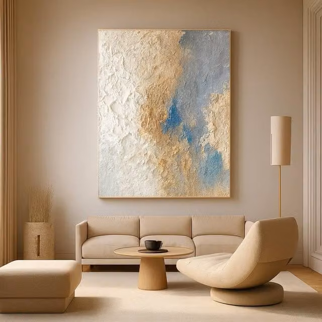 Mafett Whispers of Sand & Sky Abstract Canvas Wall Art in Beige, Gold and Blue, Depth: 4 cm – 1