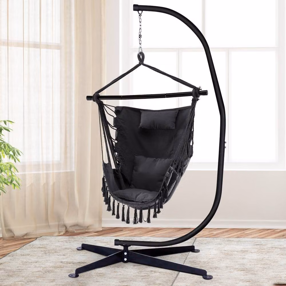 Gymax Egg Hammock Swing Chair with Metal Frame and Soft Cushions in Grey – 5