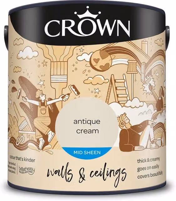Crown Walls and Ceilings Mid Sheen Emulsion in Antique Cream, 2.5l