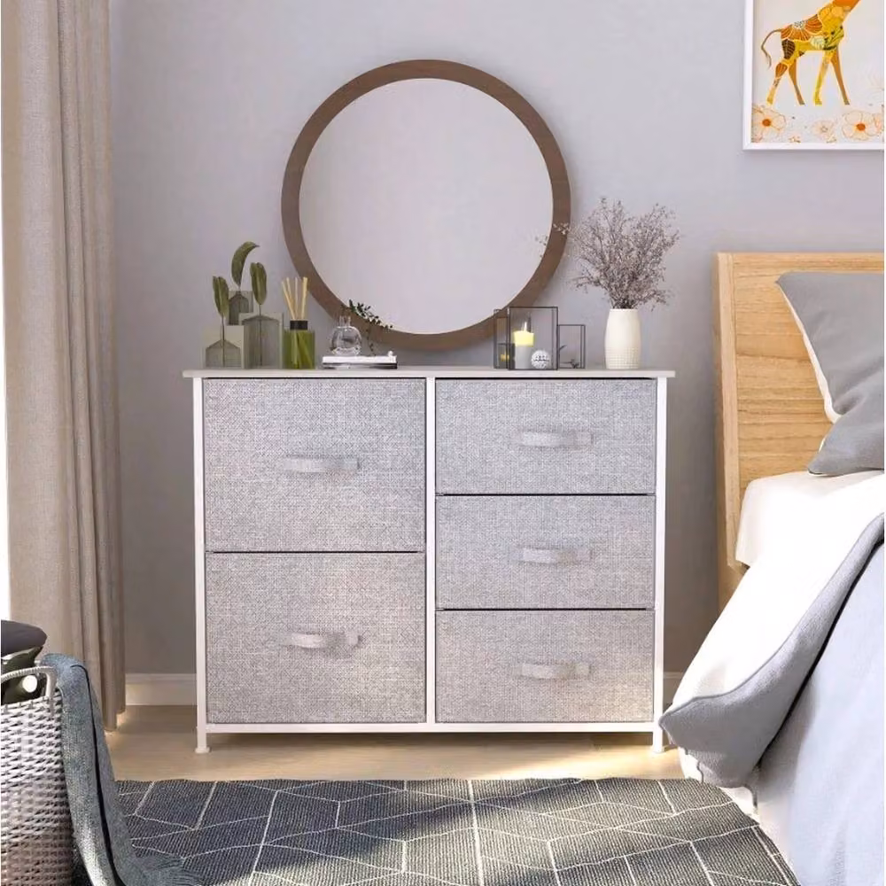 VOGREX Grey 5 Fabric Drawer Storage Chest with Steel Frame and Wood Top – 2