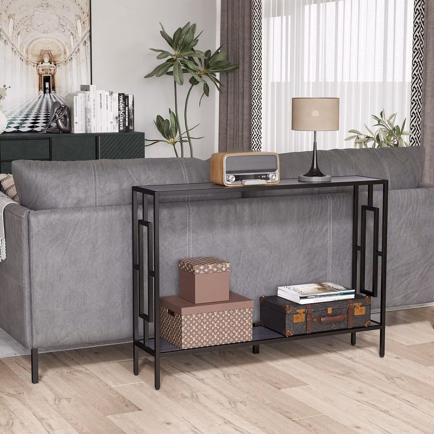 HOMCOM Industrial Console Table with Storage Shelf in Grey and Black – 8