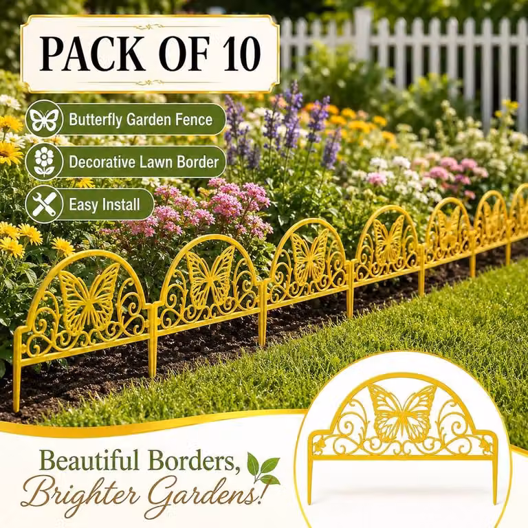 NESTLUNE Yellow Plastic Garden Edging Fence, 10 Pieces, W: 100 cm, H: 15 cm