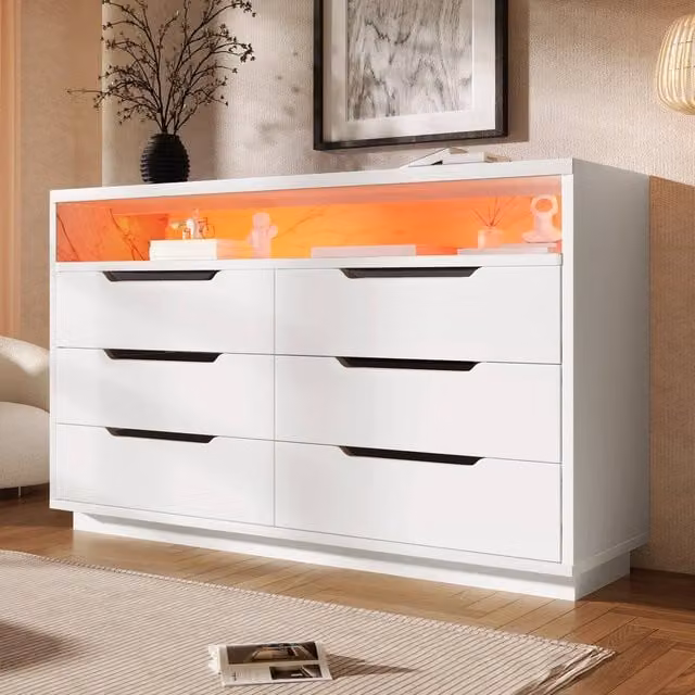 STILVORA Modern 6-Drawer Storage Cabinet with Integrated LED Lighting in White Matt