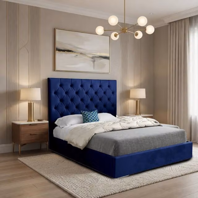 KDMD Fikston Chesterfield Upholstered Blue Velvet Designer Bed Frame W/D/H: 120 x 200 x 137 cm – 1