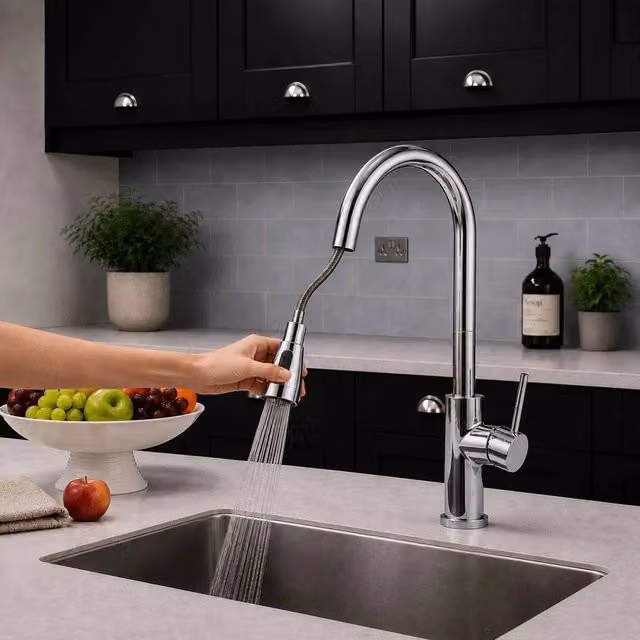EONLION Silver Chrome Kitchen Sink Pull Out Mixer Tap Faucet with Spray Function – 1