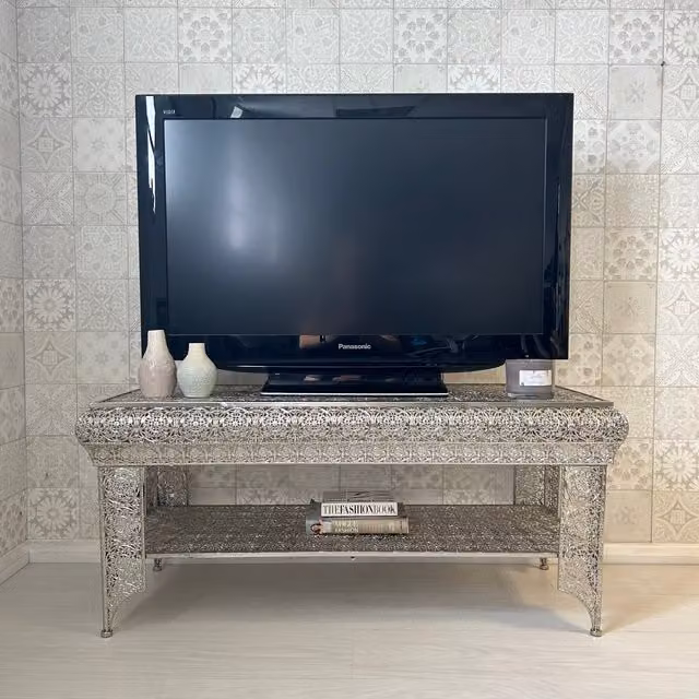 Downton Interiors Agadir Silver Embossed Metal Coffee Table and TV Stand
