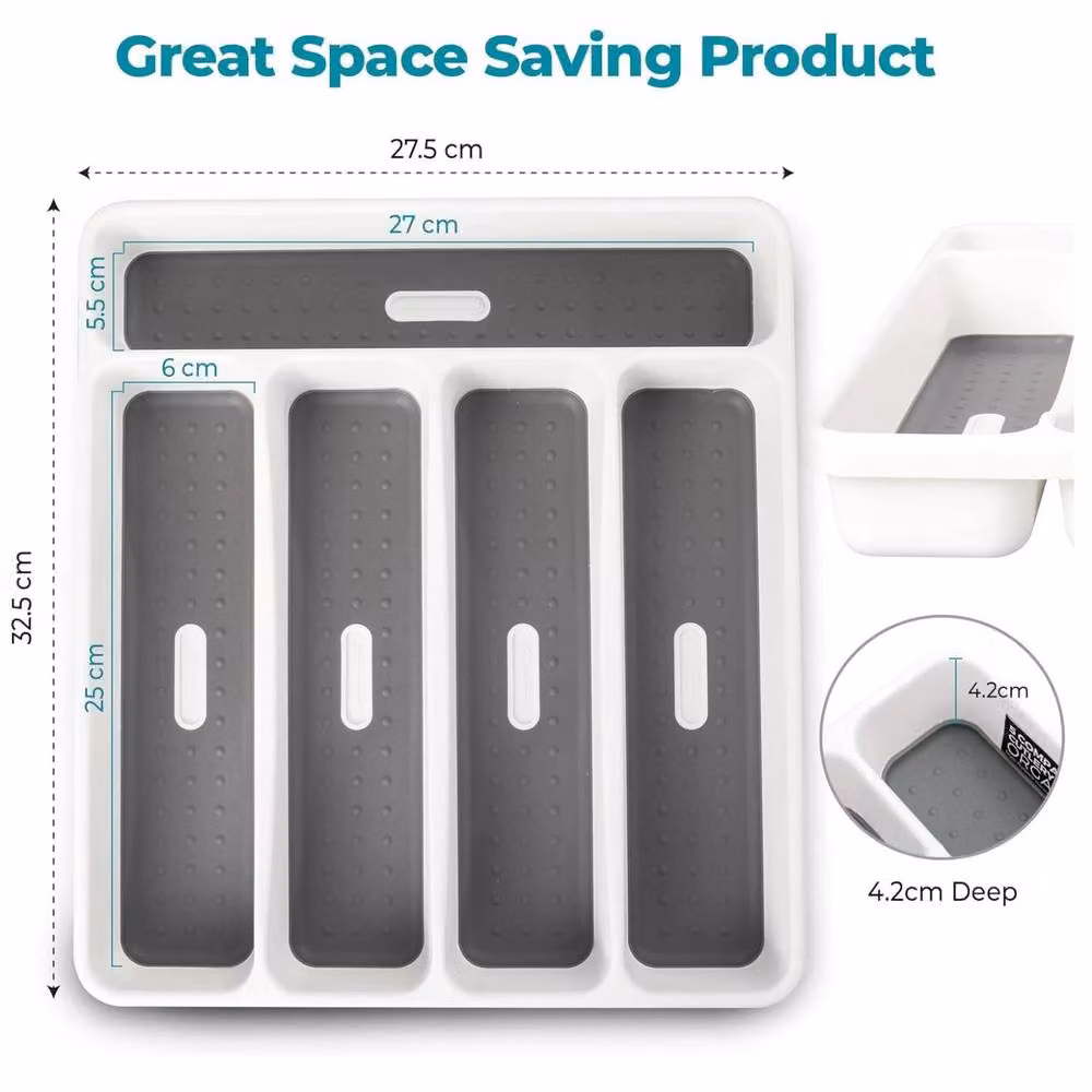 Top 3 5 Compartment Plastic Cutlery Tray Organiser in White and Grey – 2