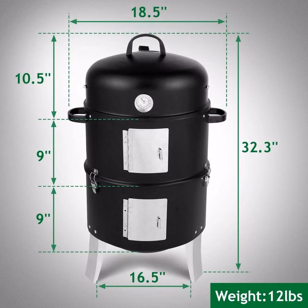FLAVORA 3-in-1 Vertical Portable Charcoal Smoker Grill, Black Steel Column Design – 4