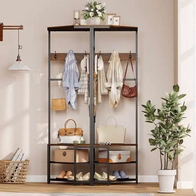 Kelvenix Industrial Hall Tree with Bench and Shoe Racks in Matt Black Metal