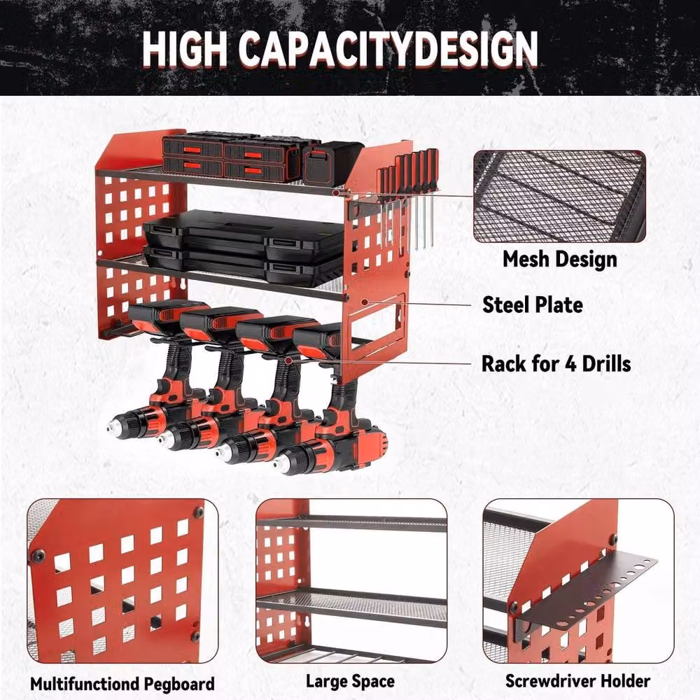VOGREX Red 3-Tier Heavy Duty Steel Wall Mounted Power Tool Storage Organizer W/D/H: 42.5 x 31.0 x 20.0 cm – 3