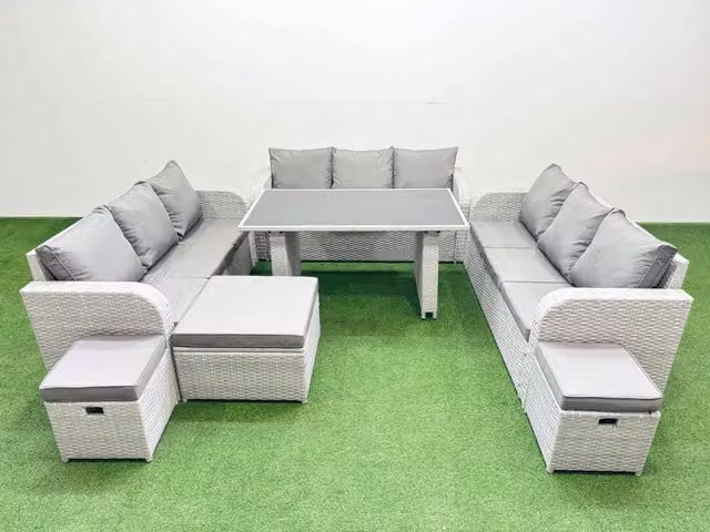 Fimous Modern Garden Furniture Set with 3 Stools in Light Grey Rattan and Metal