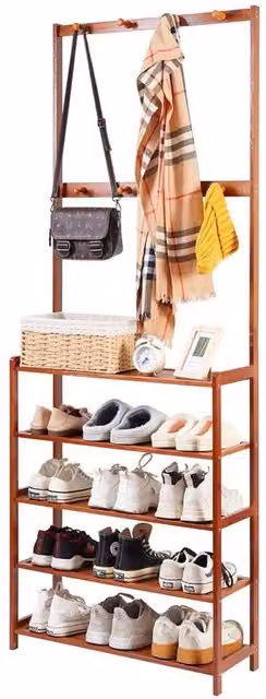 VOGREX Brown Hall Tree with Hat and Coat Stand, Shoe Rack Bench and Shelves