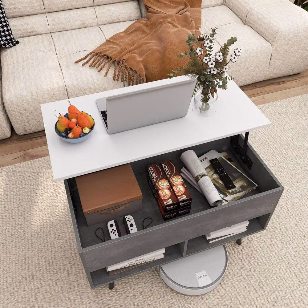 Costway Modern Mid-Century Lift Top Coffee Table with Hidden Storage and Shelves in Grey – 2