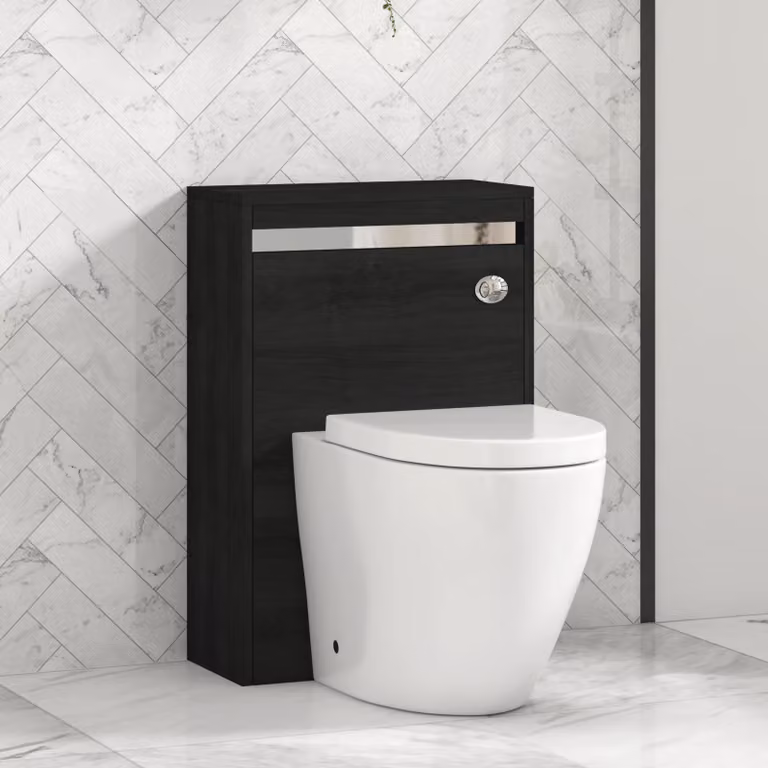 Royal Bathrooms Orion Hale Black BTW WC Unit with Elva Rimless Ceramic Toilet Pan, Seat and Cistern, Chrome Accent Trim, Width: 54 cm