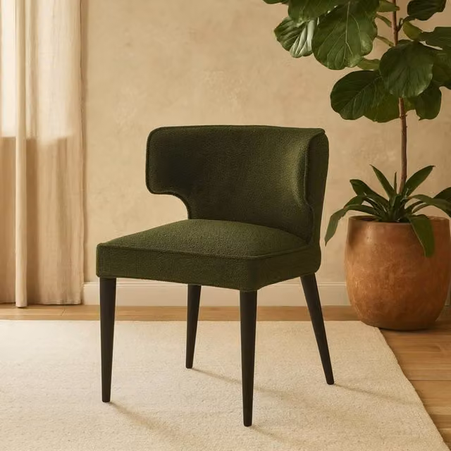 Wyld Haus Mirmande Mid Century Curved Green Fabric Dining Chair with Armrests and Wooden Legs – 1