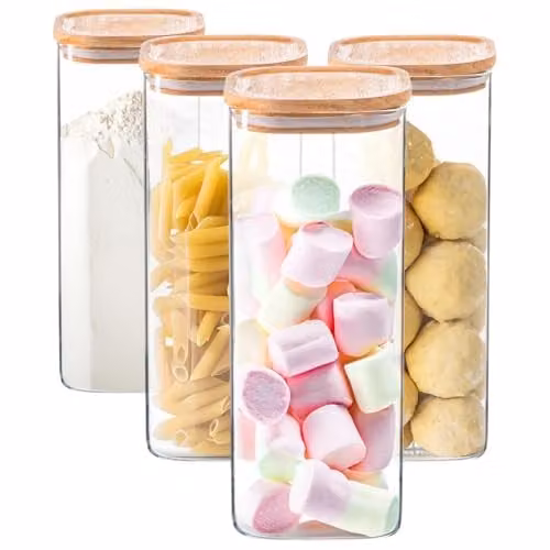Argon Tableware 4 Pack Square Glass Storage Jars with Airtight Wooden Lids, 1.9 l, Transparent