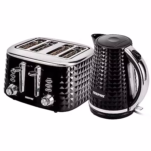 Geepas Black Stainless Steel 4 Slice Toaster and 1.7L Kettle Kitchen Set – 4