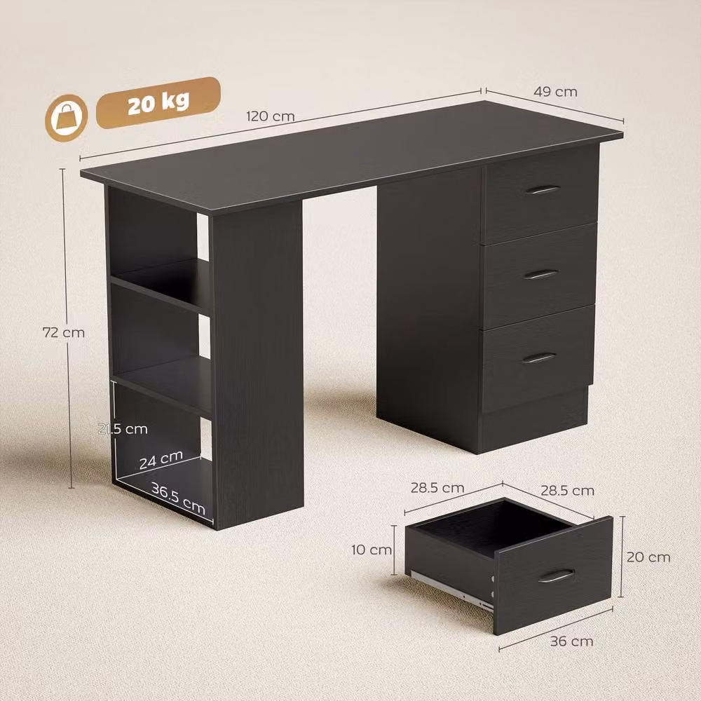 HOMCOM Black Computer Desk with Drawers and 3 Shelves, W: 120 cm, H: 72 cm – 3