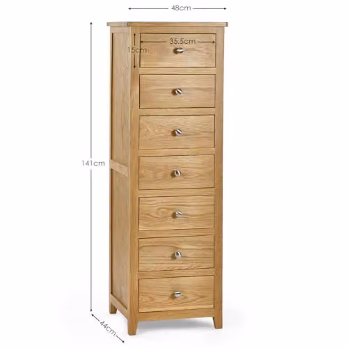 Julian Bowen Mallory 7 Drawer Tall Narrow Chest of Drawers in Oak Wood, H 141 x W 48 x D 44 cm – 2