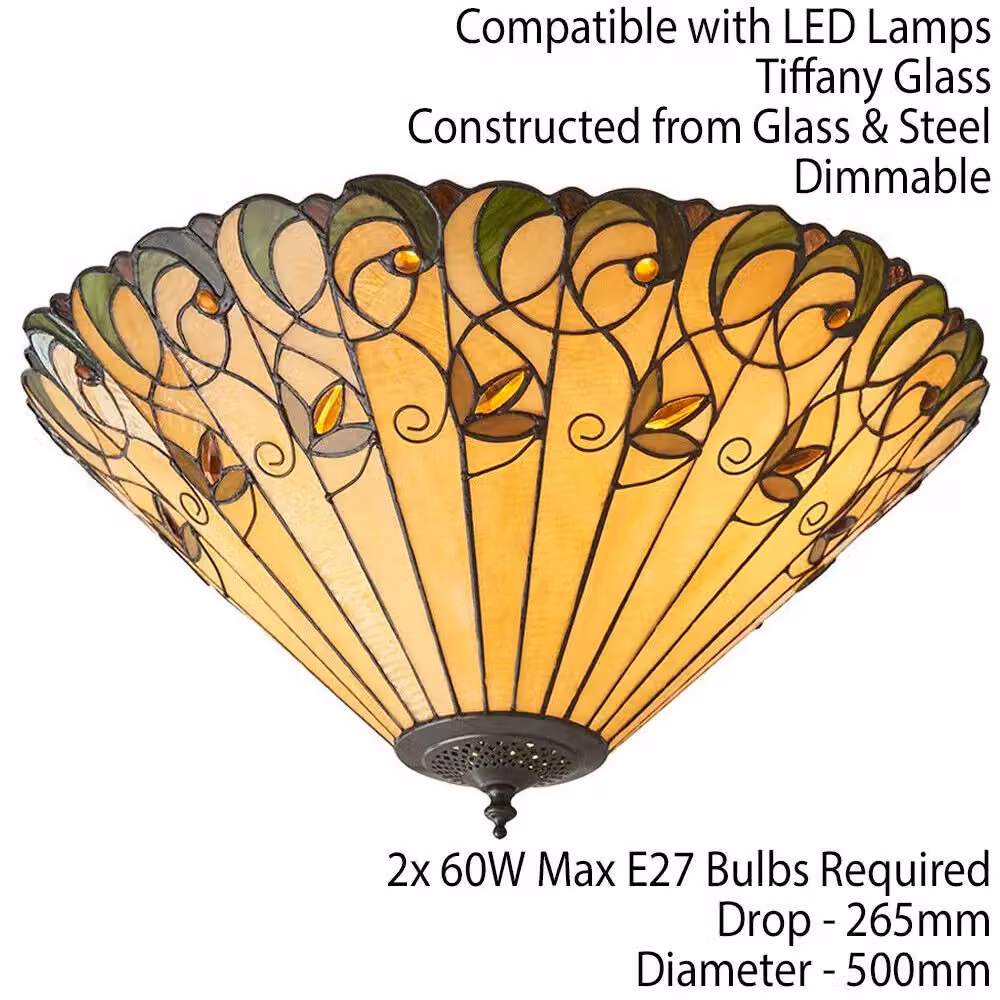 Loops Tiffany Glass Semi Flush Ceiling Light Amber Floral Inverted Round Shade in Clear – 2
