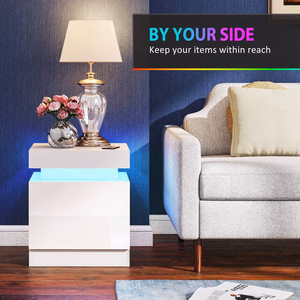 STILVORA Modern White Glossy Bedside Table Set with Integrated LED Lighting and 2 Drawers – 5
