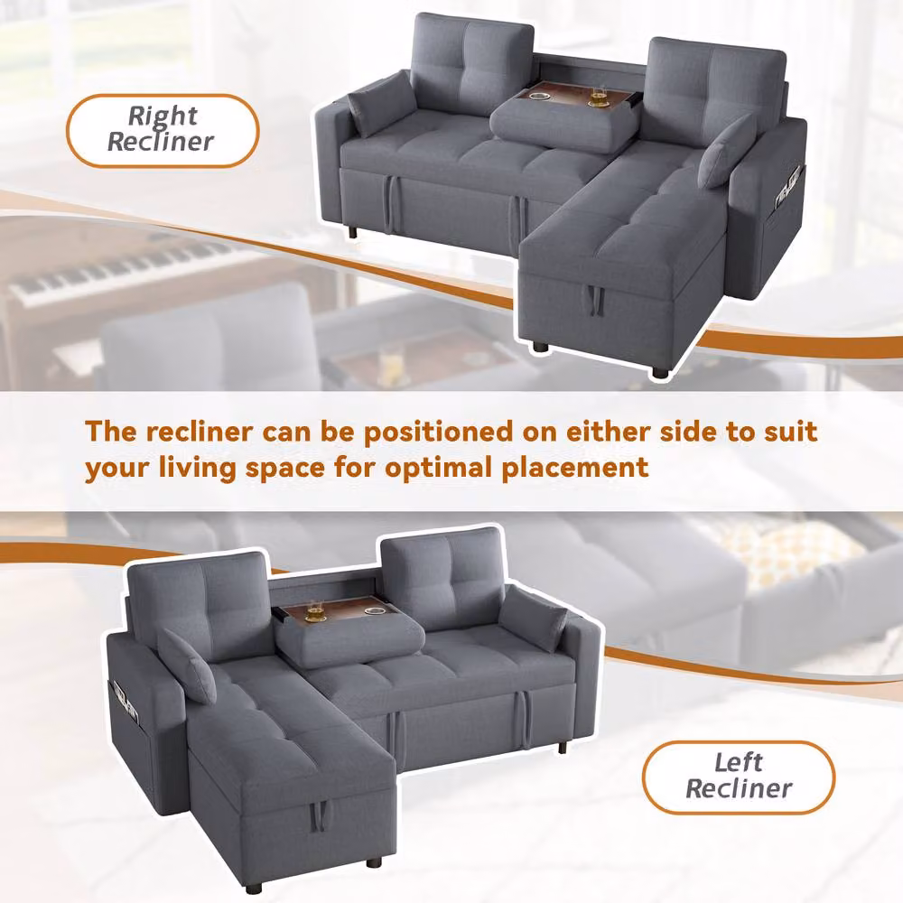 Merax Reversible L-Shaped Corner Sofa Bed with Drop-Down Cup Holder Table in Grey, W/D/H: 211 x 136 x 87 cm – 3