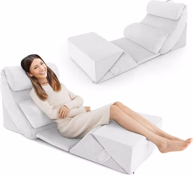 Costway 7 Piece Adjustable Memory Foam Bed Wedge Pillow Set in White and Grey – 1