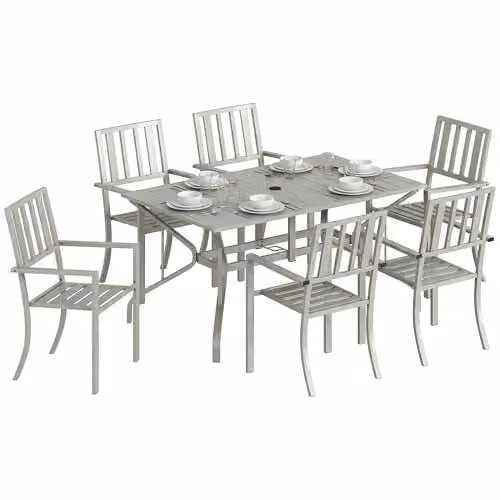 Outsunny 7 Piece Modern Garden Dining Set with Rectangular Metal Table and 6 Chairs in Grey – 1