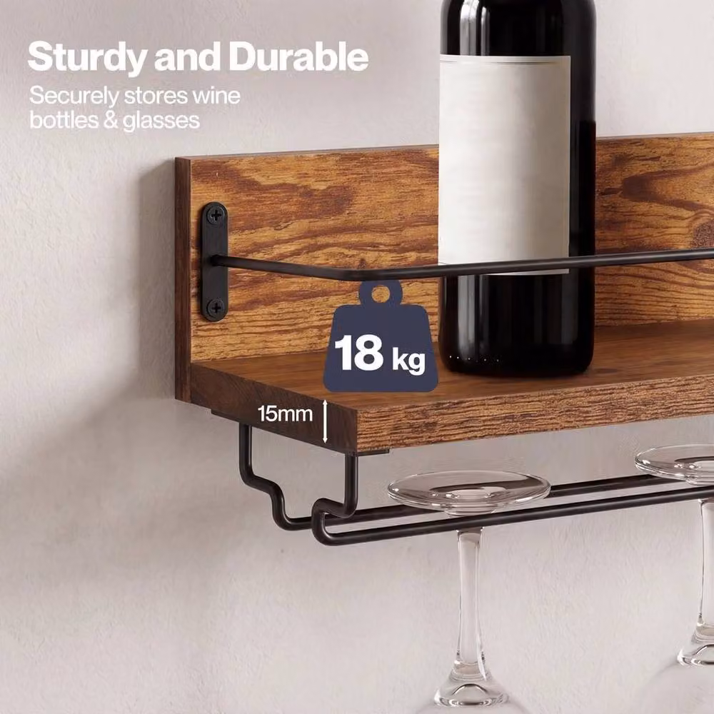 SPETLEK Wall Mounted Industrial Wine Rack with Glass Holder in Matt Brown – 5