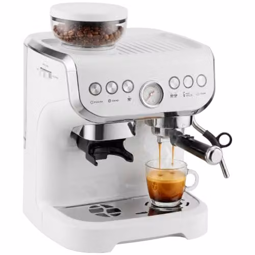 HOMCOM Espresso Machine with Bean Grinder and Steam Wand, 15 Bar Pressure, White – 1