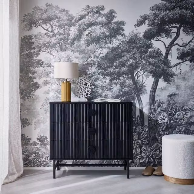 Sweekeek Modern 3-Drawer Chest with Black Grooves and Wood-Effect Finish, W/D/H: 83 x 39 x 90 cm