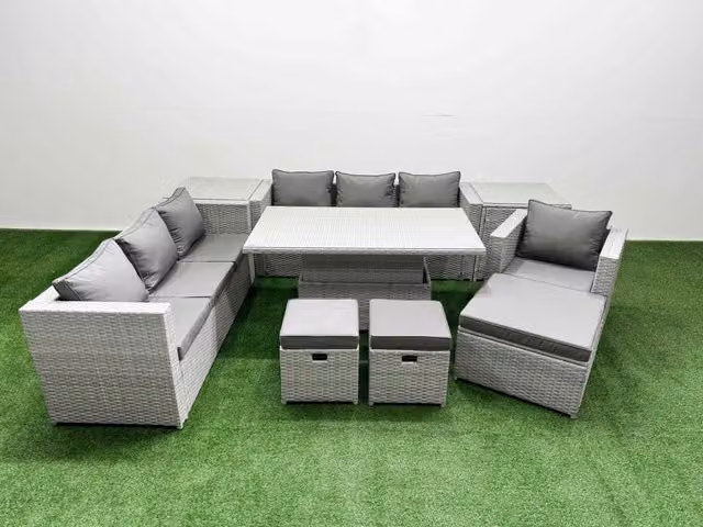 Fimous 8 Piece Rattan Dining Table Set with 3 Seater Sofa in Light Grey