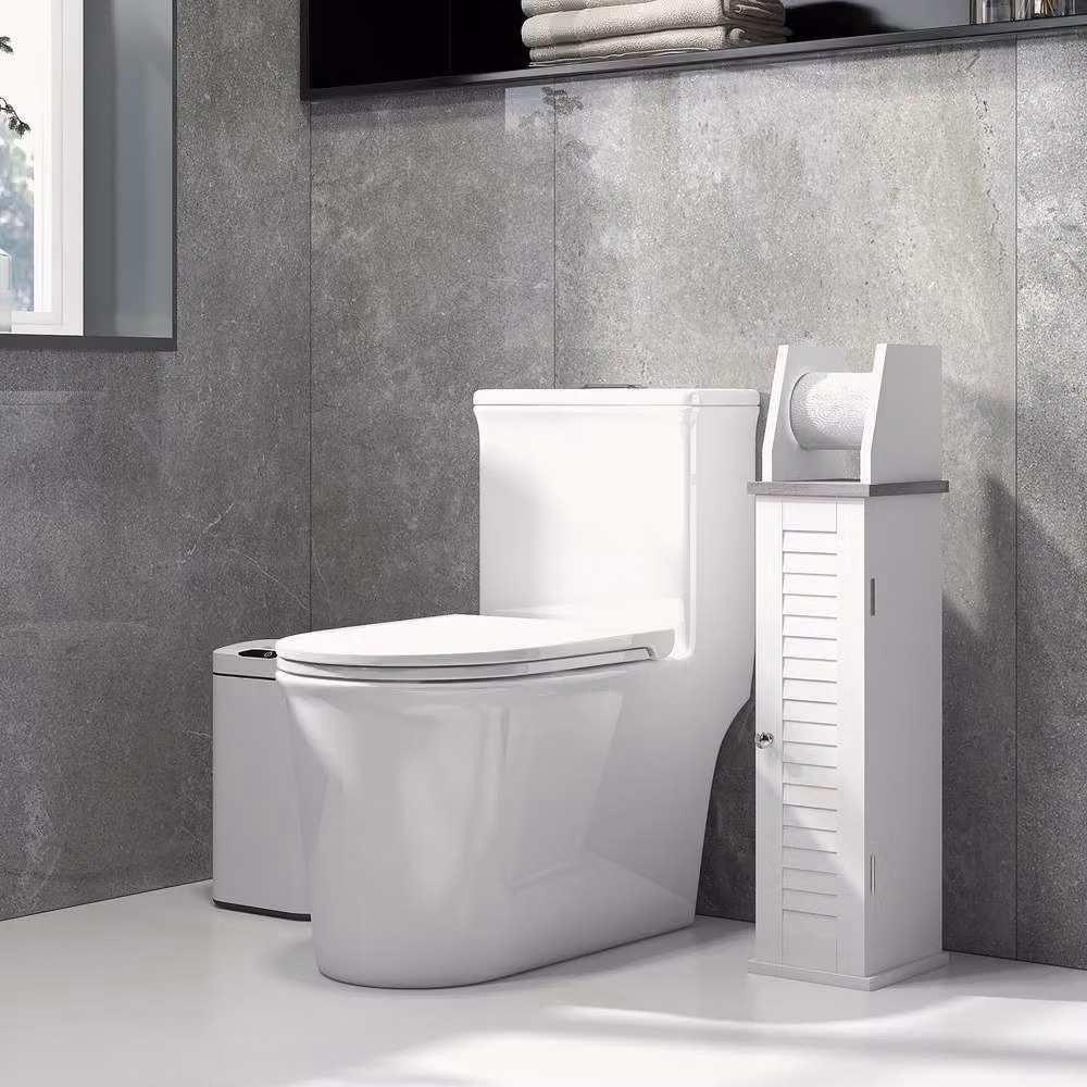 STILVORA White Lacquered Freestanding Bathroom Floor Cabinet with Cupboard and Roll Holder – 2