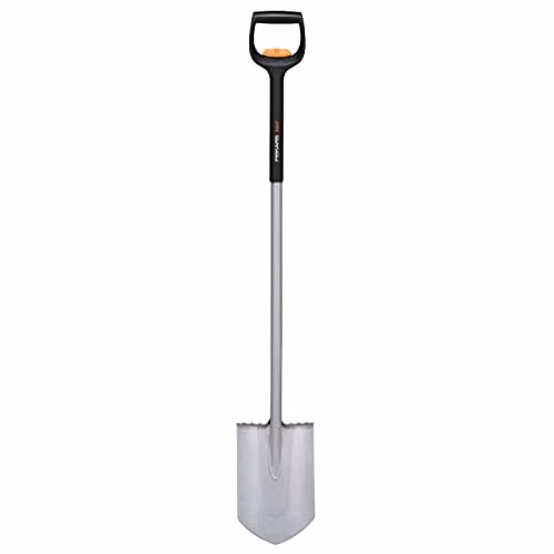 Fiskars Xact Telescopic Pointy Shovel for Hard, Rocky Soil in Black and Orange, Length: 111 - 130 cm